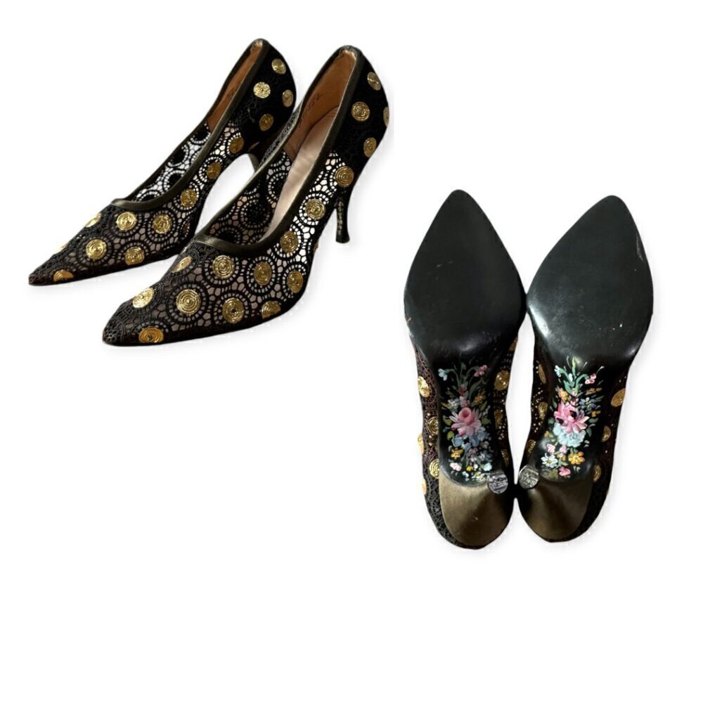 Rare Vintage David Evins Black‎ Lace Heels – Hand-Painted Soles, Size 6B